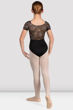 Bloch Trikots^Mädchen Remi Turnanzug mit Blumenmuster und Flügelärmeln black